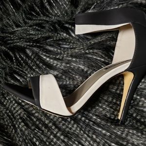 Black and cream/white heels, size 8.